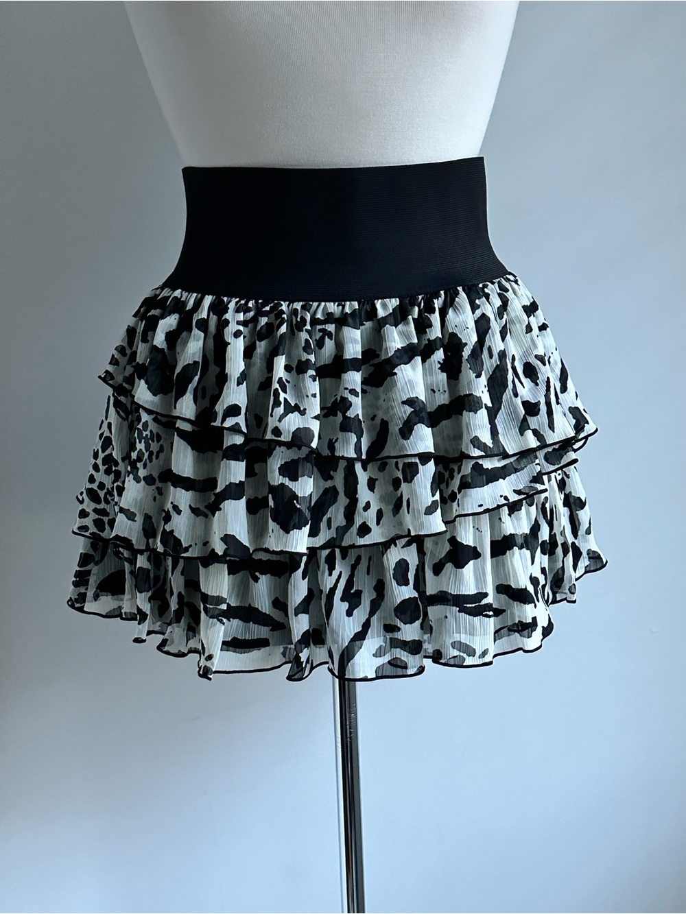 Tiered Ruffle Mini Skirt in Black and White Animal Print
